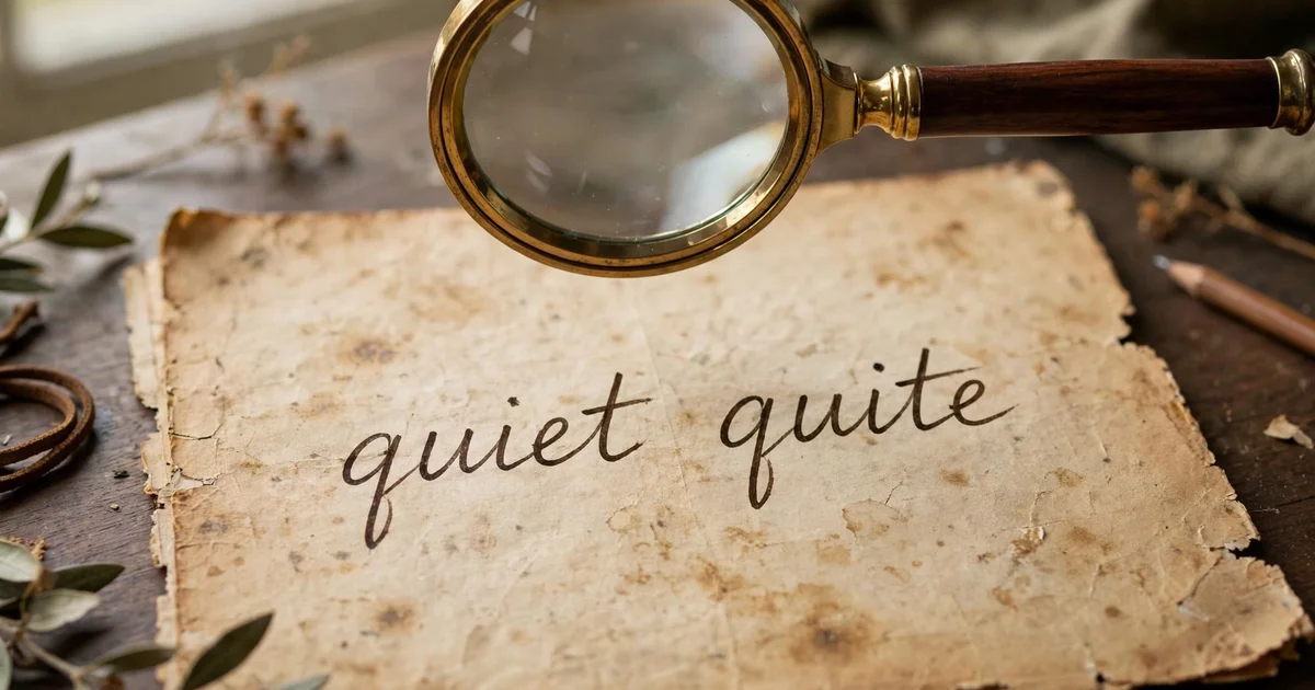 A magnifying glass hovering over two nearly identical handwritten words differing by one letter on aged paper, study desk, photorealistic style.