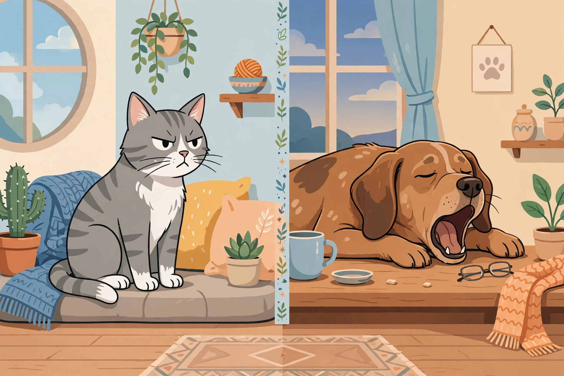 Split illustration: a cautious cat with narrowed eyes on the left, and a yawning exhausted dog resting its head on a table on the right.