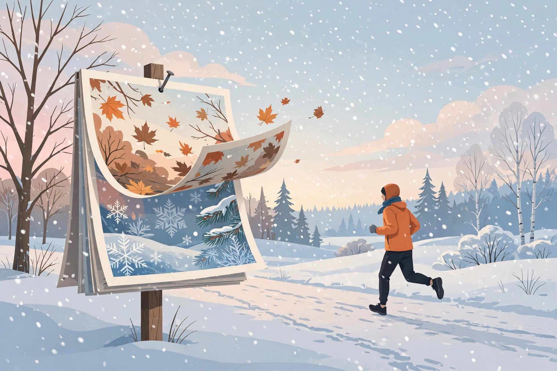 Illustration of a person jogging alone through falling snow at dawn with a calendar page turning from October to December, cinematic flat style.
