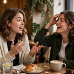A young woman mid-conversation gesturing animatedly while her friend laughs with mock exasperation, cozy cafe setting, photorealistic style.