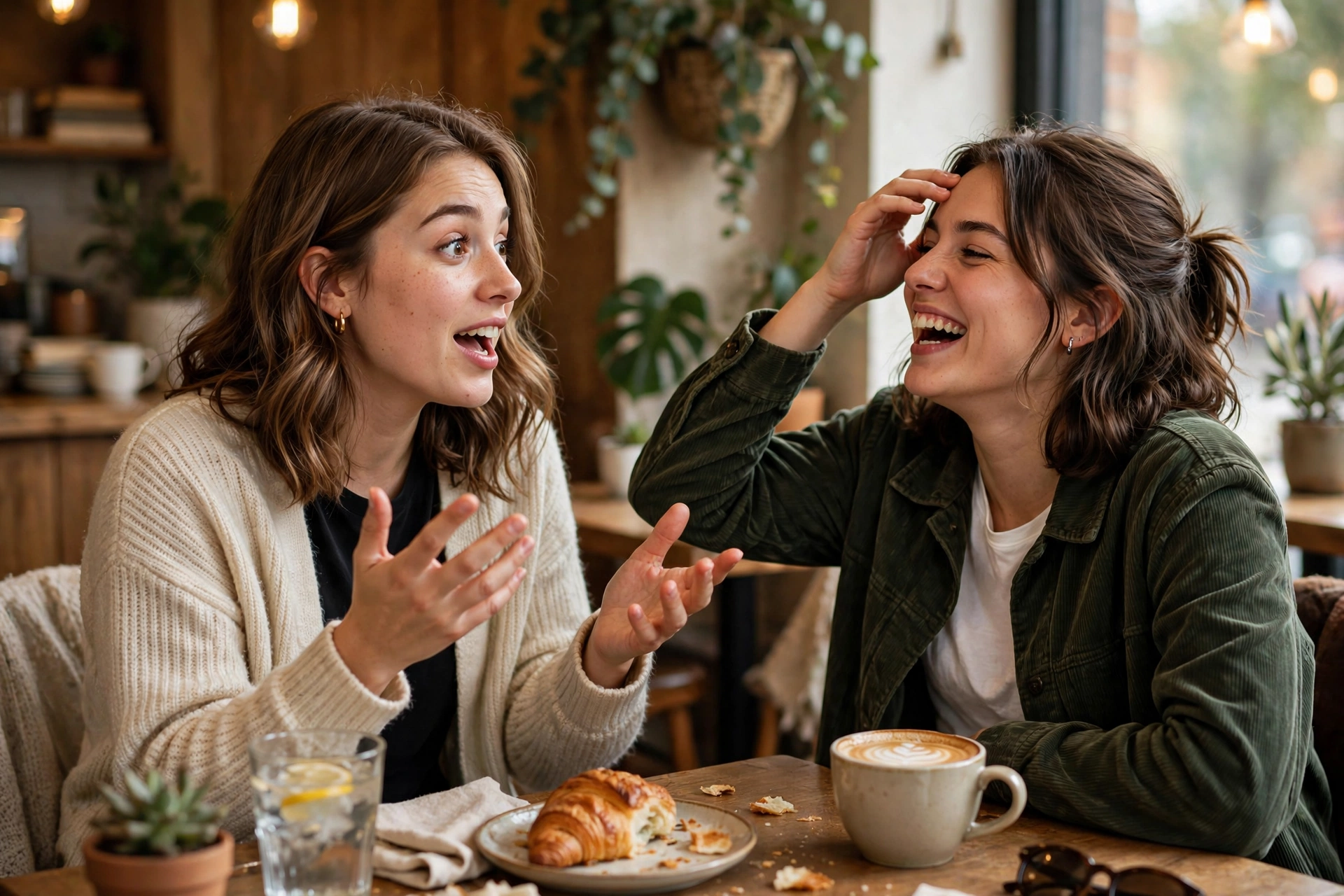 A young woman mid-conversation gesturing animatedly while her friend laughs with mock exasperation, cozy cafe setting, photorealistic style.